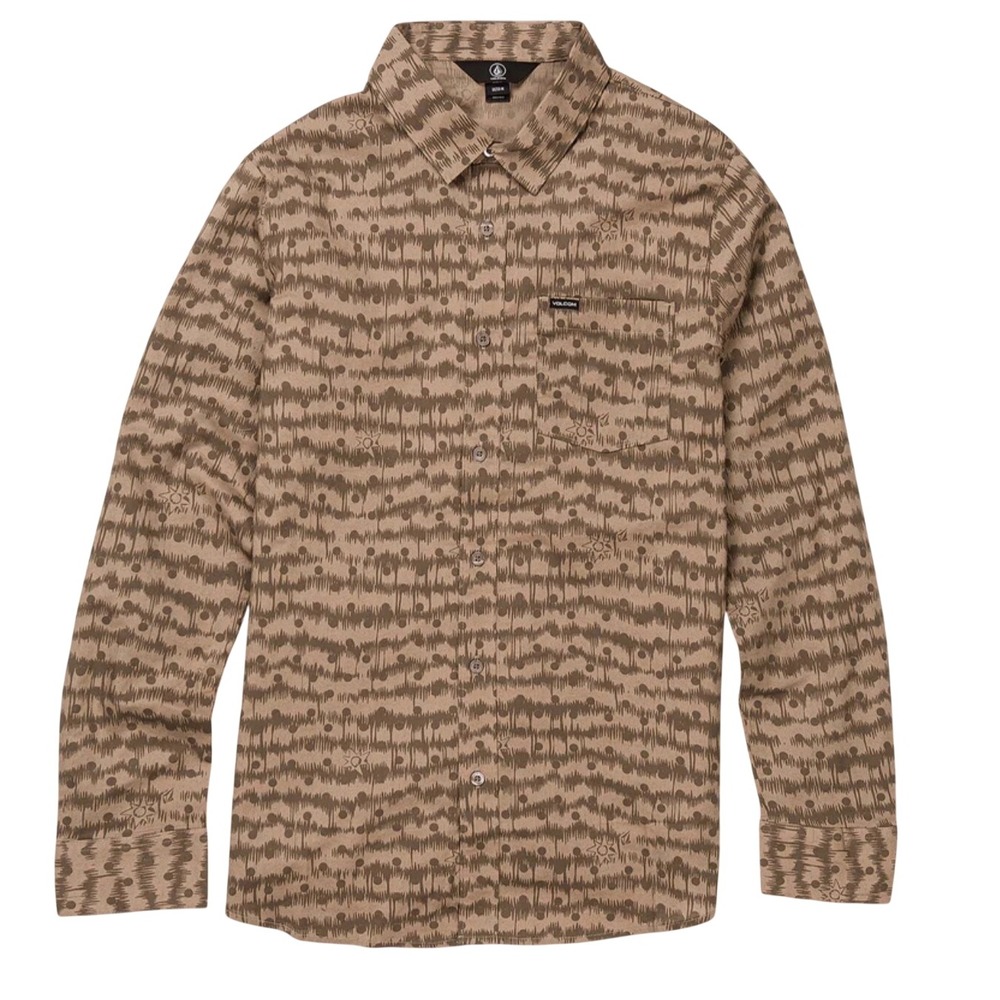 NWT Men's Volcom Warbler LS Brown Print Button Up Woven Shirt - Medium